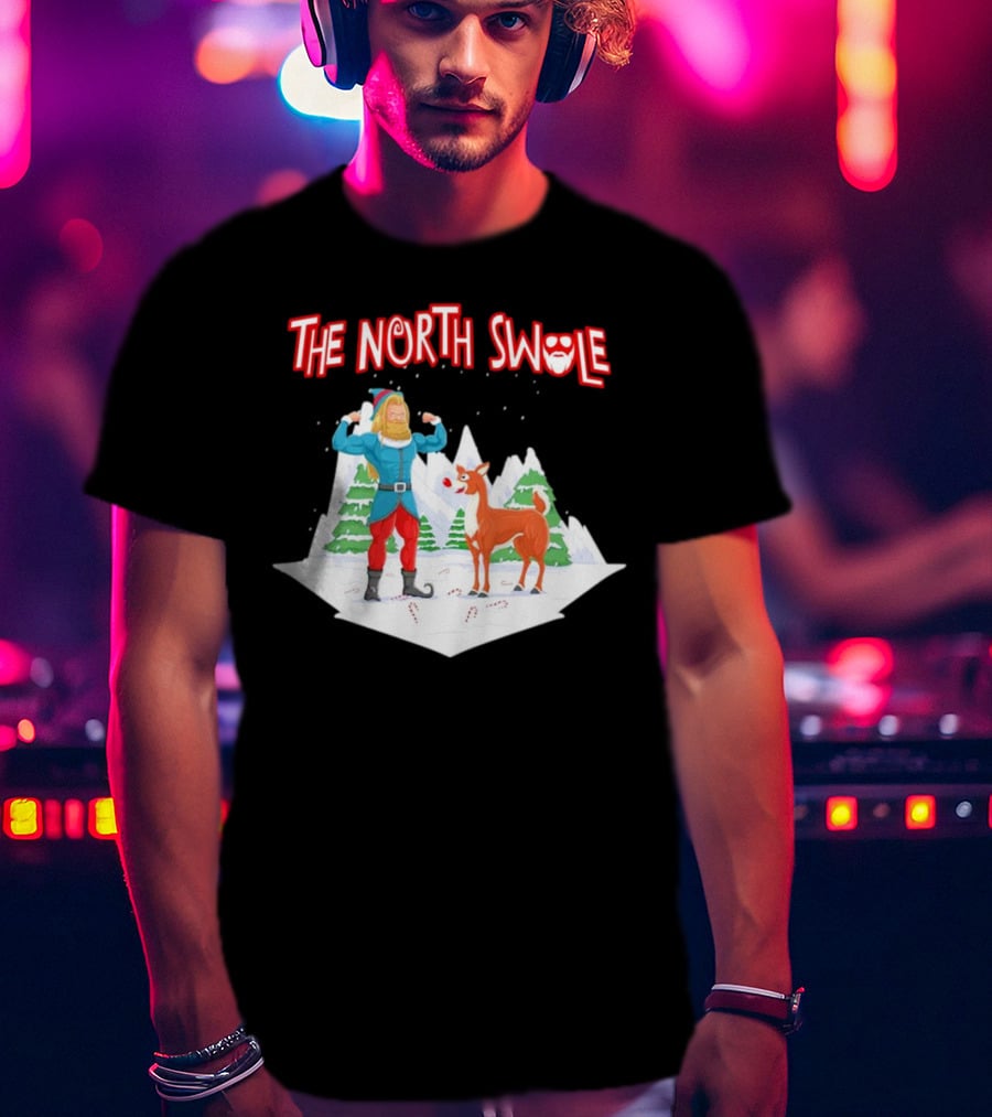 Papa Swolio Elf With Reindeer In The North Swole Winter Scene T-Shirt