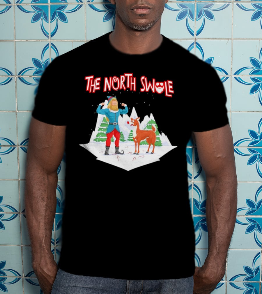 Papa Swolio Elf With Reindeer In The North Swole Winter Scene T-Shirt