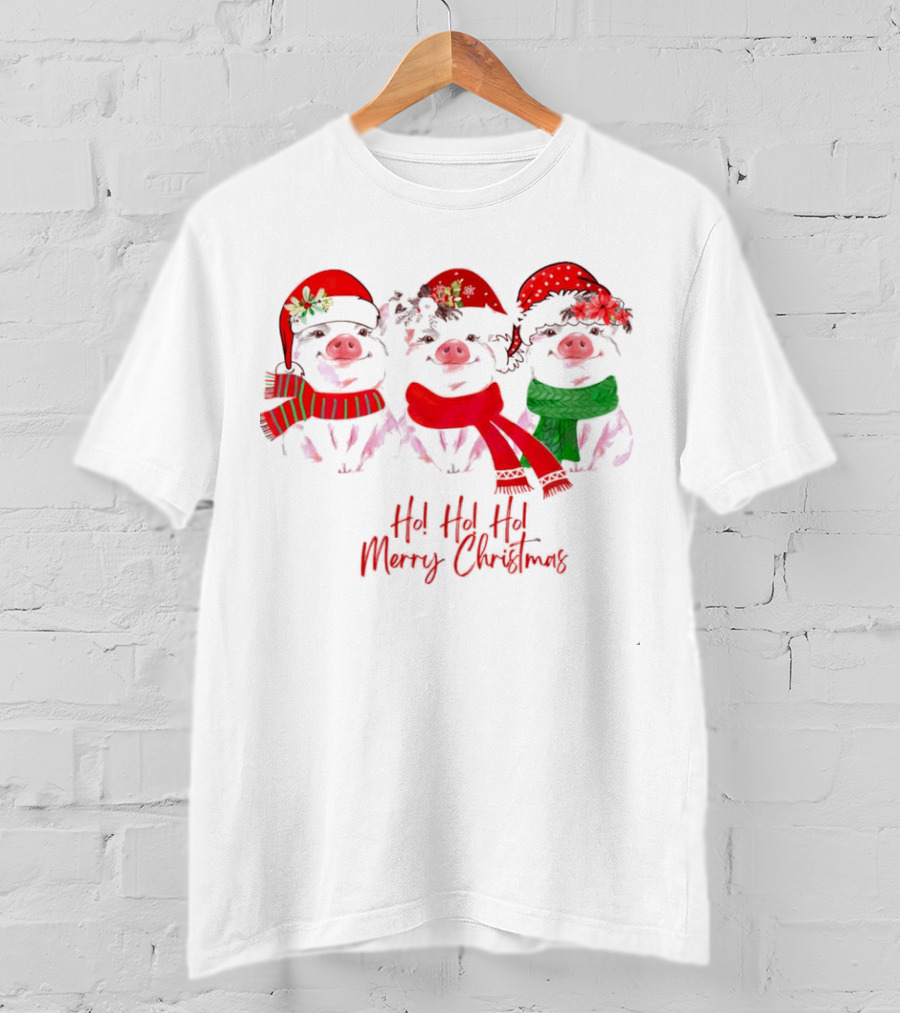 Ho Ho Ho Merry Christmas Pig Trio Santa Hat T-Shirt