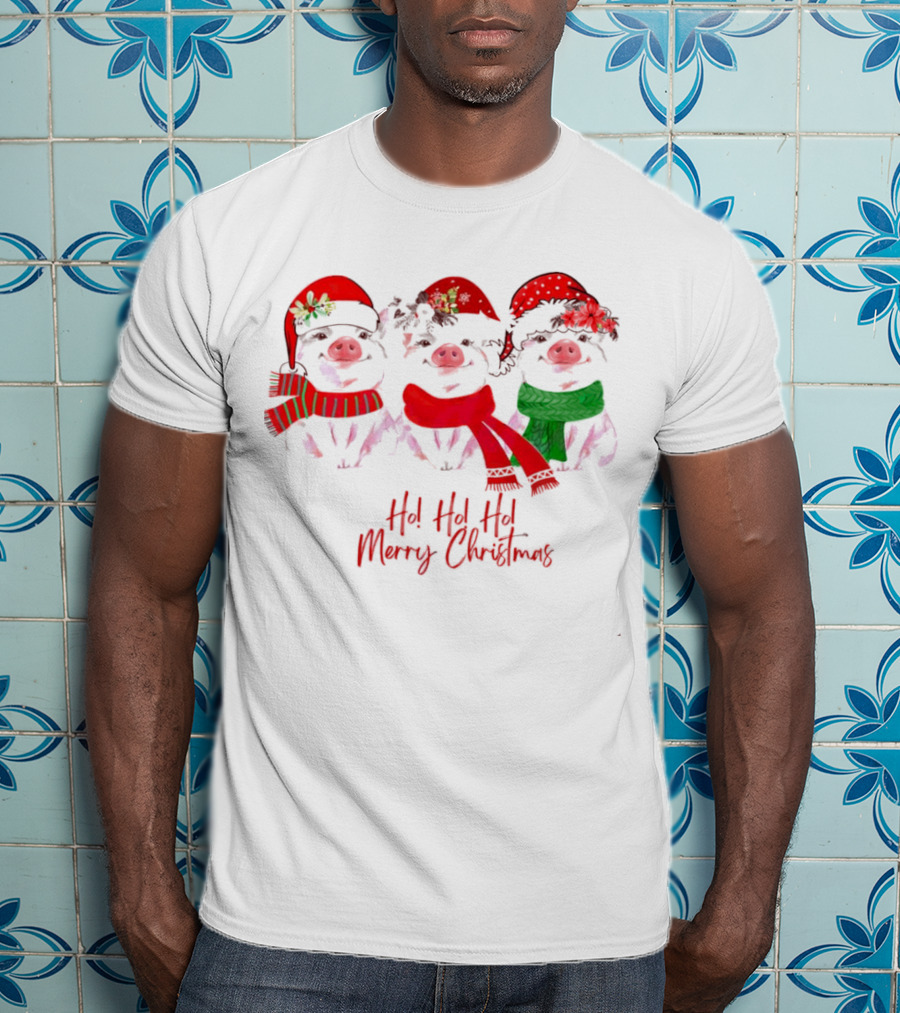 Ho Ho Ho Merry Christmas Pig Trio Santa Hat T-Shirt