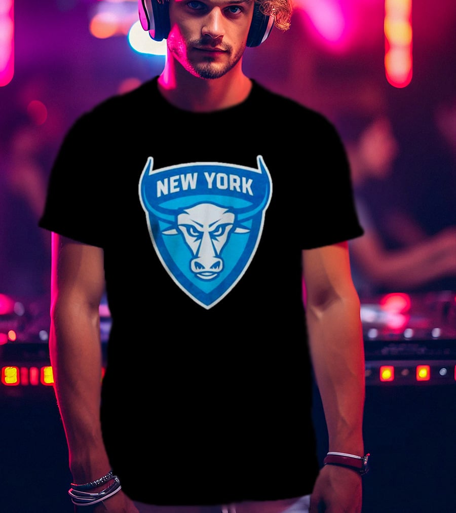 New York Atlas Bull Emblem Logo Blue Shield T-Shirt