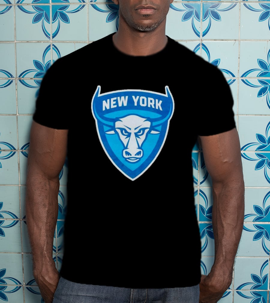 New York Atlas Bull Emblem Logo Blue Shield T-Shirt