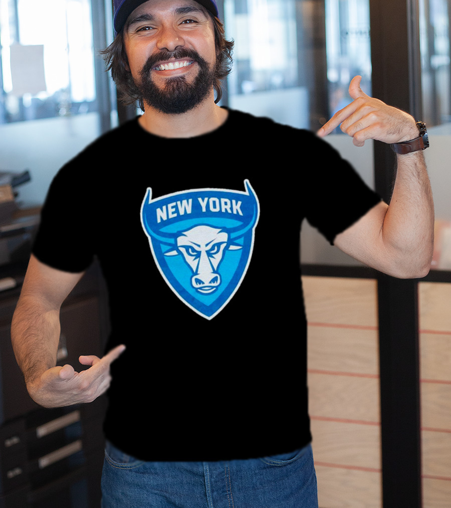 New York Atlas Bull Emblem Logo Blue Shield T-Shirt