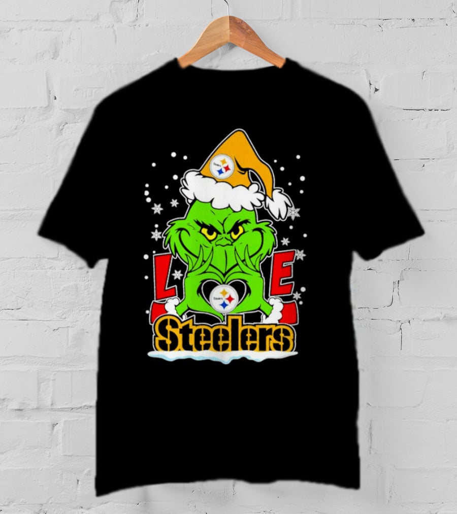 The Grinch Santa Hat Love Pittsburgh Steelers Logo Snowflakes T-Shirt
