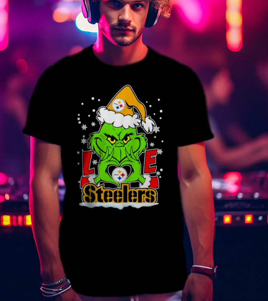 The Grinch Santa Hat Love Pittsburgh Steelers Logo Snowflakes T-Shirt