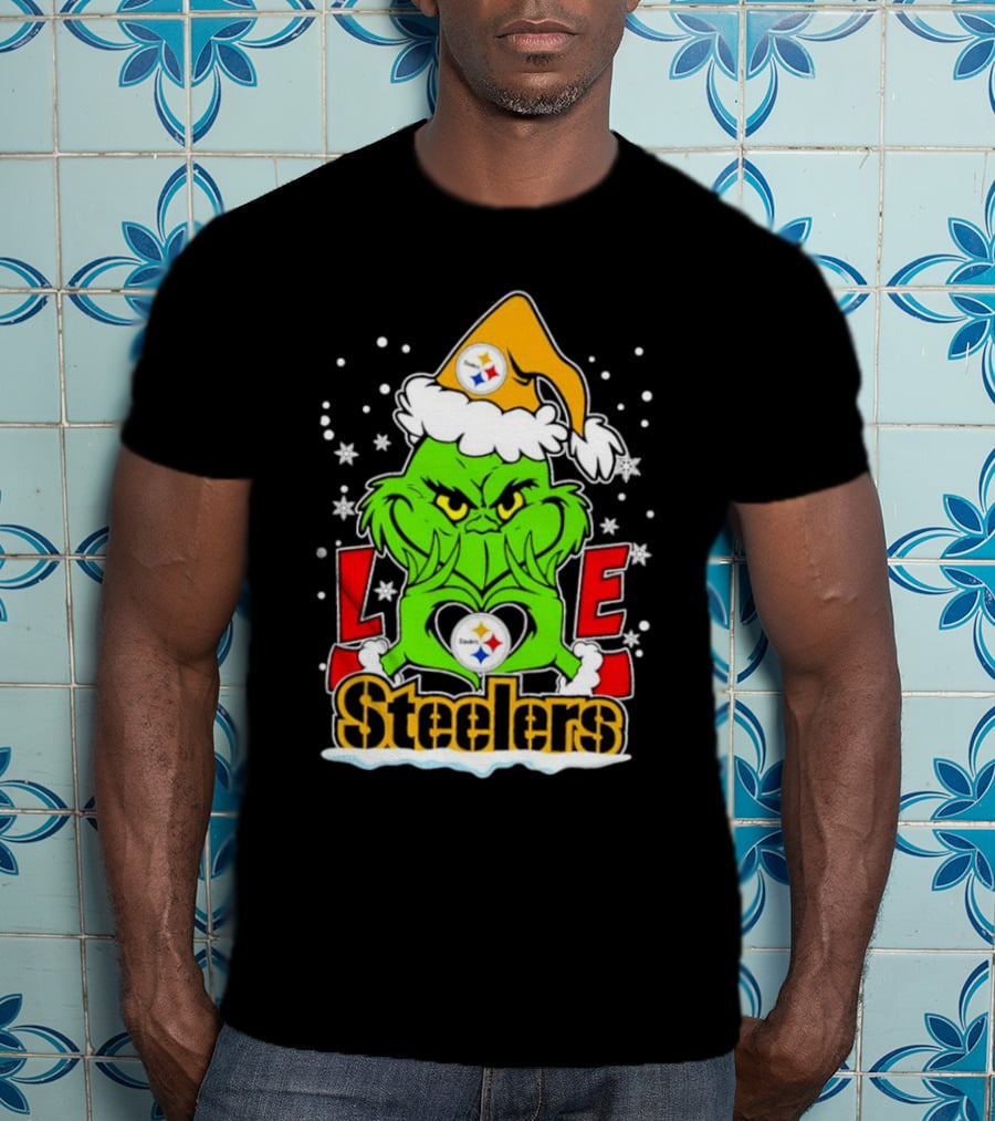 The Grinch Santa Hat Love Pittsburgh Steelers Logo Snowflakes T-Shirt