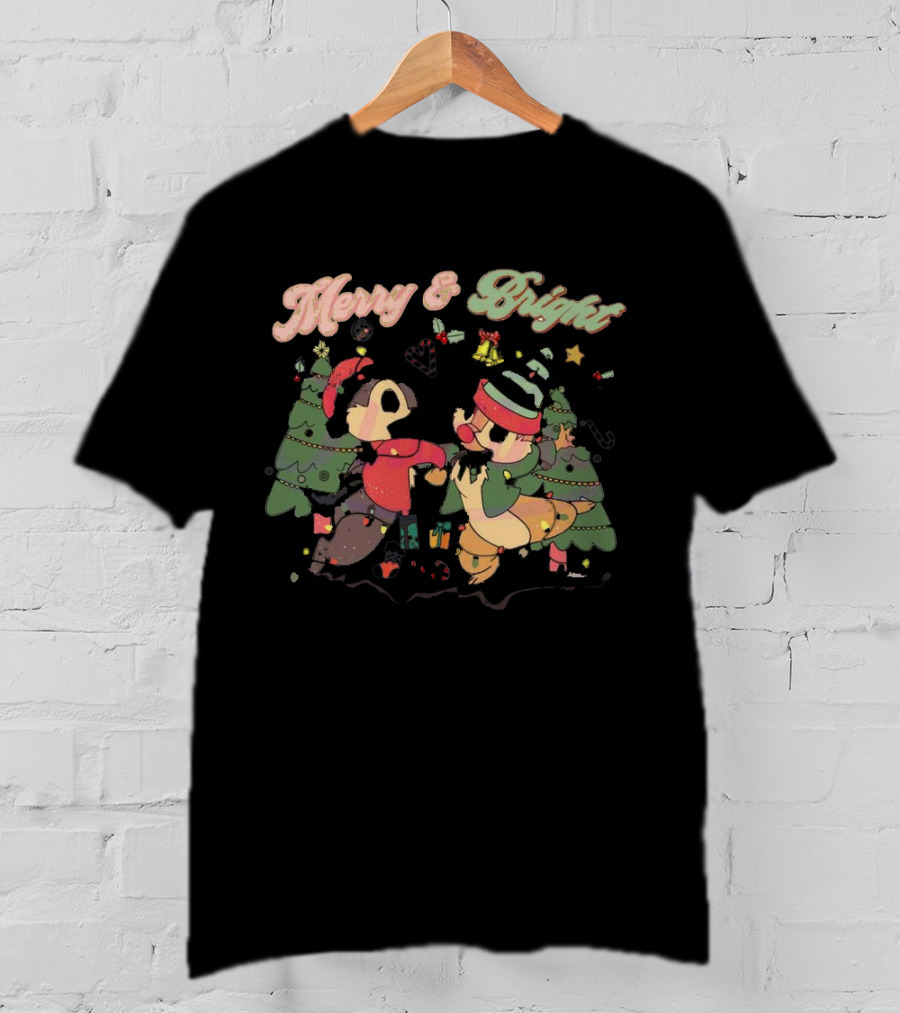 Chip And Dale Merry And Bright Christmas With Festive Trees And Holiday Cheer T-Shirt