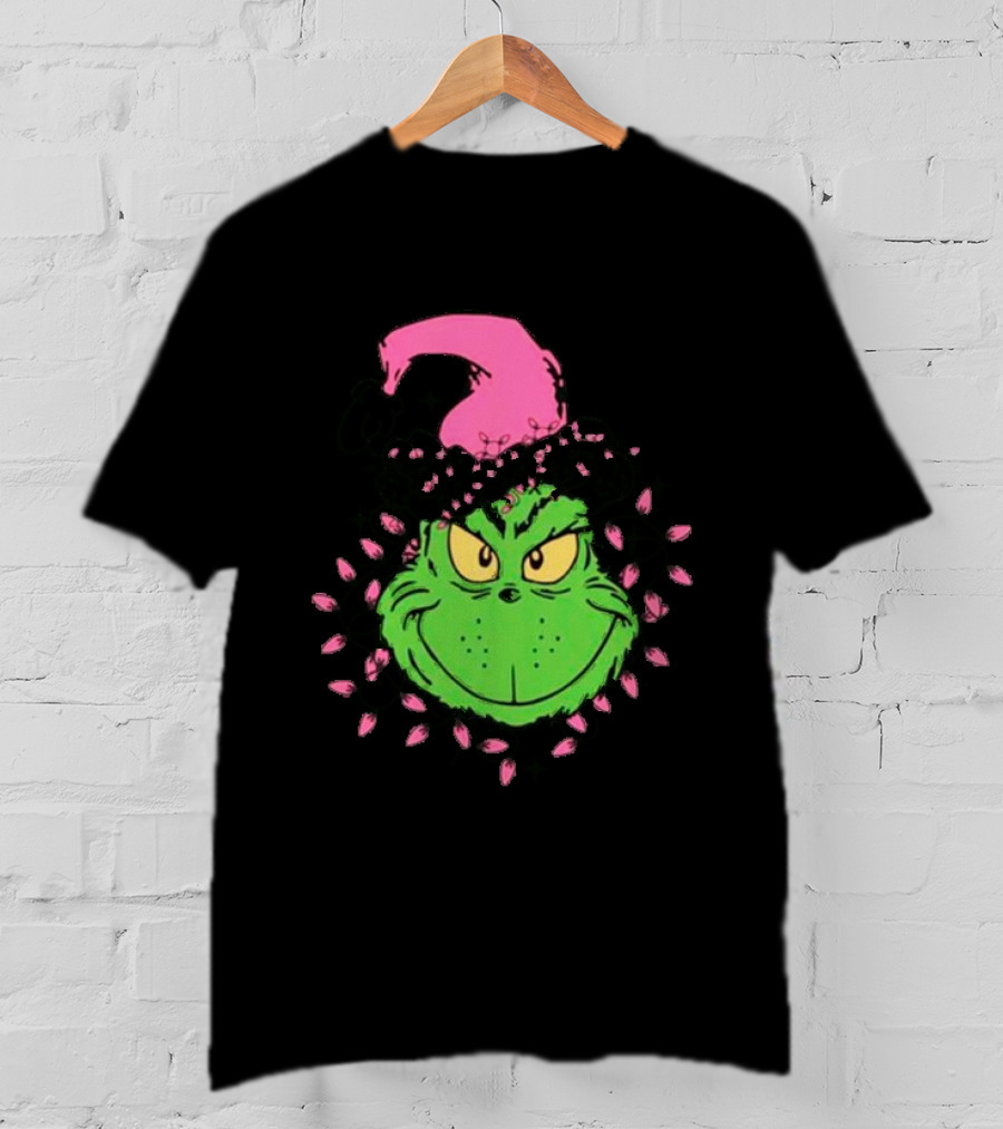 Grinch In Pink Santa Hat With Pink Christmas Lights T-Shirt