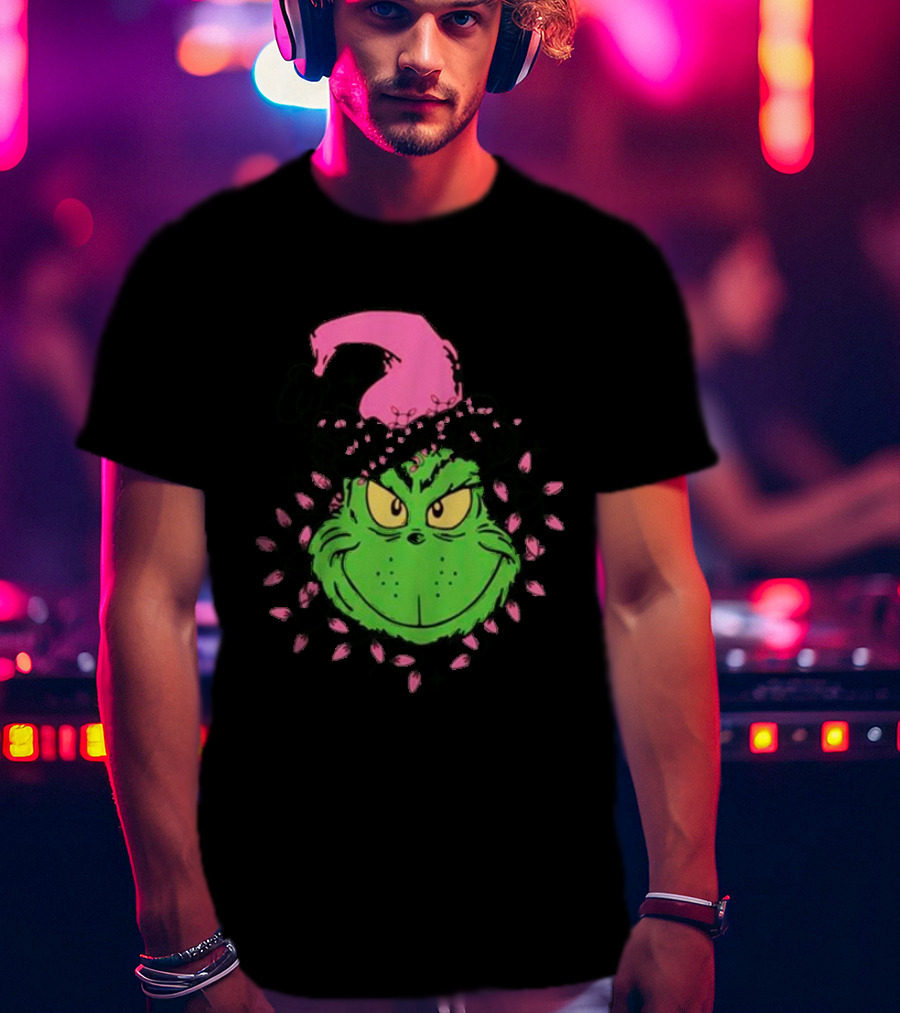 Grinch In Pink Santa Hat With Pink Christmas Lights T-Shirt