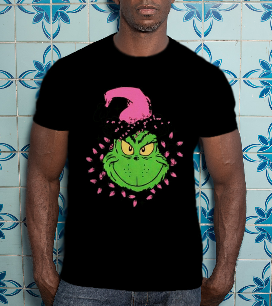 Grinch In Pink Santa Hat With Pink Christmas Lights T-Shirt