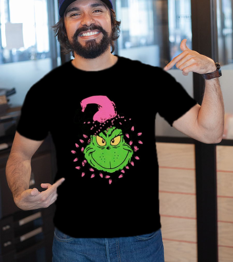 Grinch In Pink Santa Hat With Pink Christmas Lights T-Shirt