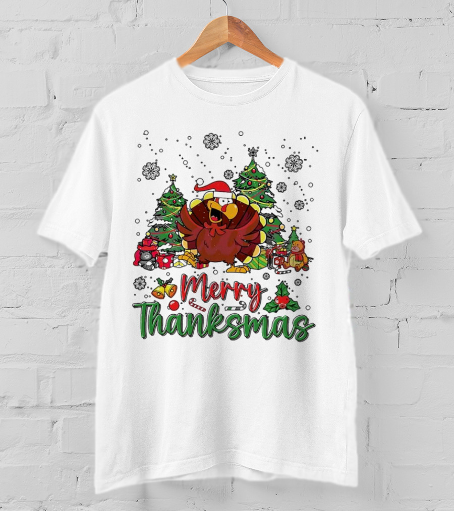 Merry Thanksmas Funny Turkey Santa Hat Christmas Trees T-Shirt