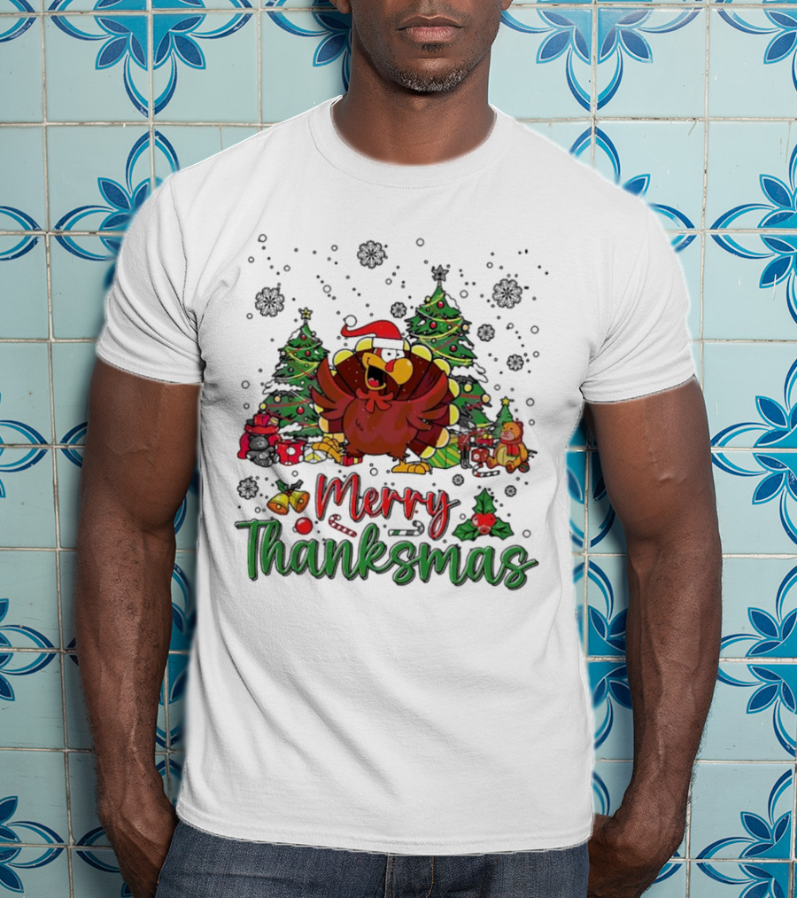 Merry Thanksmas Funny Turkey Santa Hat Christmas Trees T-Shirt