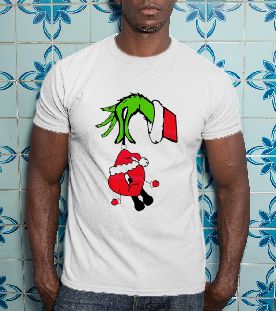 Grinch Hand Bad Bunny Santa Hat Christmas T-Shirt
