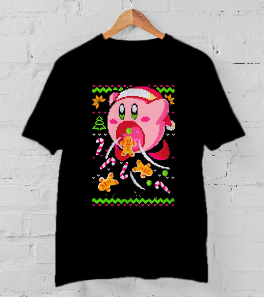 Kirby Santa Hat Eating Gingerbread Candy Canes Holiday T-Shirt