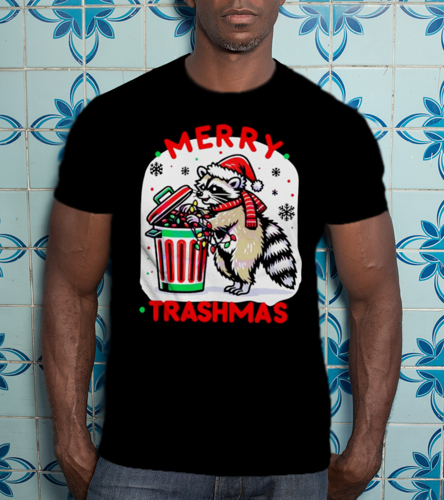 Merry Trashmas Raccoon Santa With Christmas Lights T-Shirt