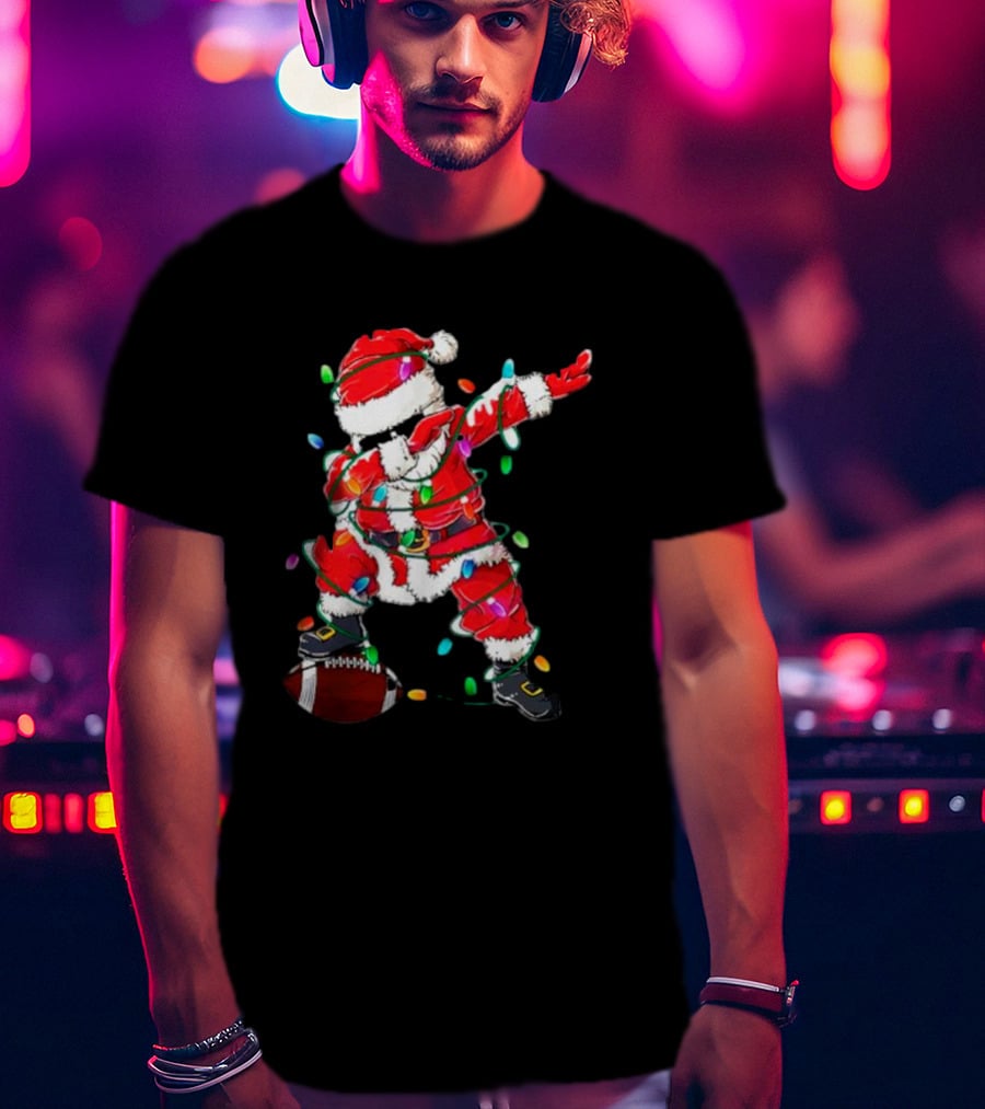 Santa Dabbing With Christmas Lights And Football T-Shirt