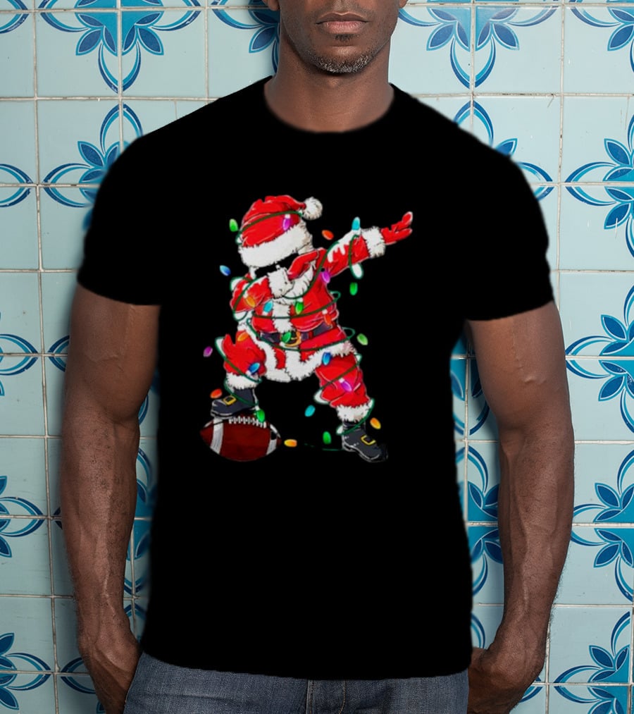 Santa Dabbing With Christmas Lights And Football T-Shirt