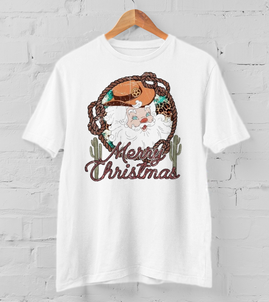 Merry Christmas Western Santa Cactus Rope Cowboy Hat T-Shirt