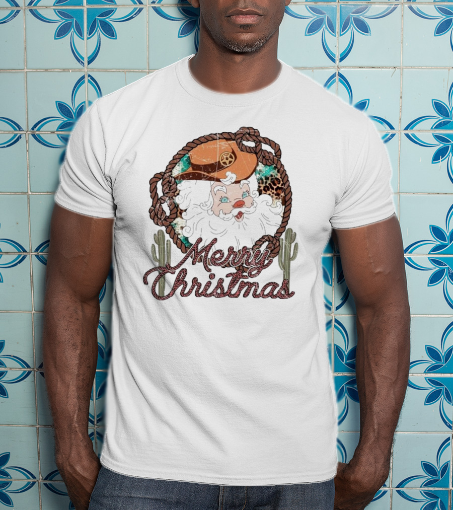Merry Christmas Western Santa Cactus Rope Cowboy Hat T-Shirt