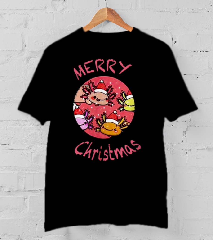 Merry Christmas Axolotl With Santa Hat T-Shirt