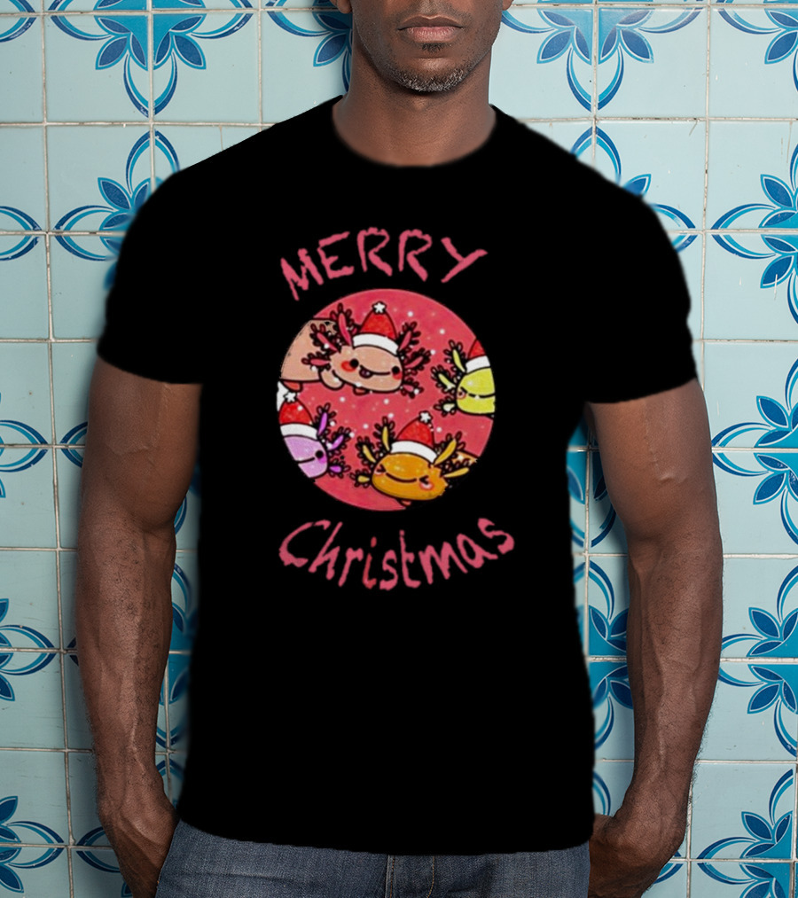 Merry Christmas Axolotl With Santa Hat T-Shirt