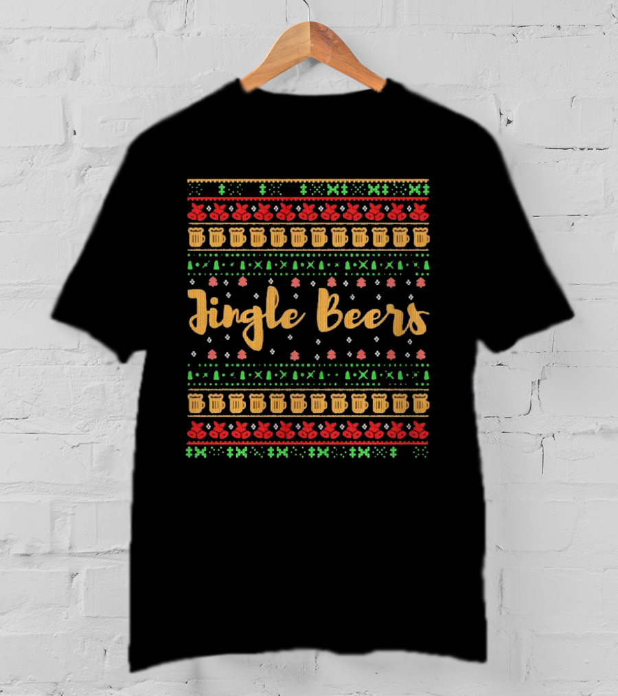 Jingle Beers Christmas Sweater Pattern With Beer Mugs And Holiday Decorations T-Shirt