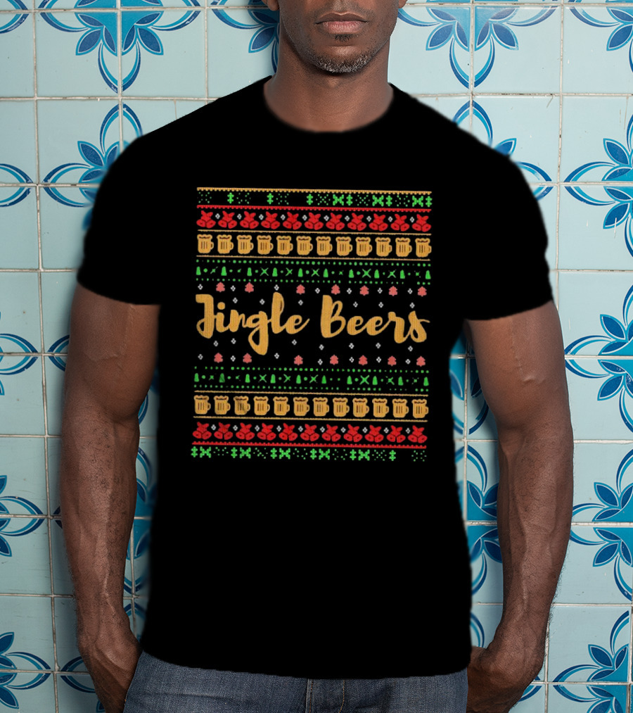 Jingle Beers Christmas Sweater Pattern With Beer Mugs And Holiday Decorations T-Shirt