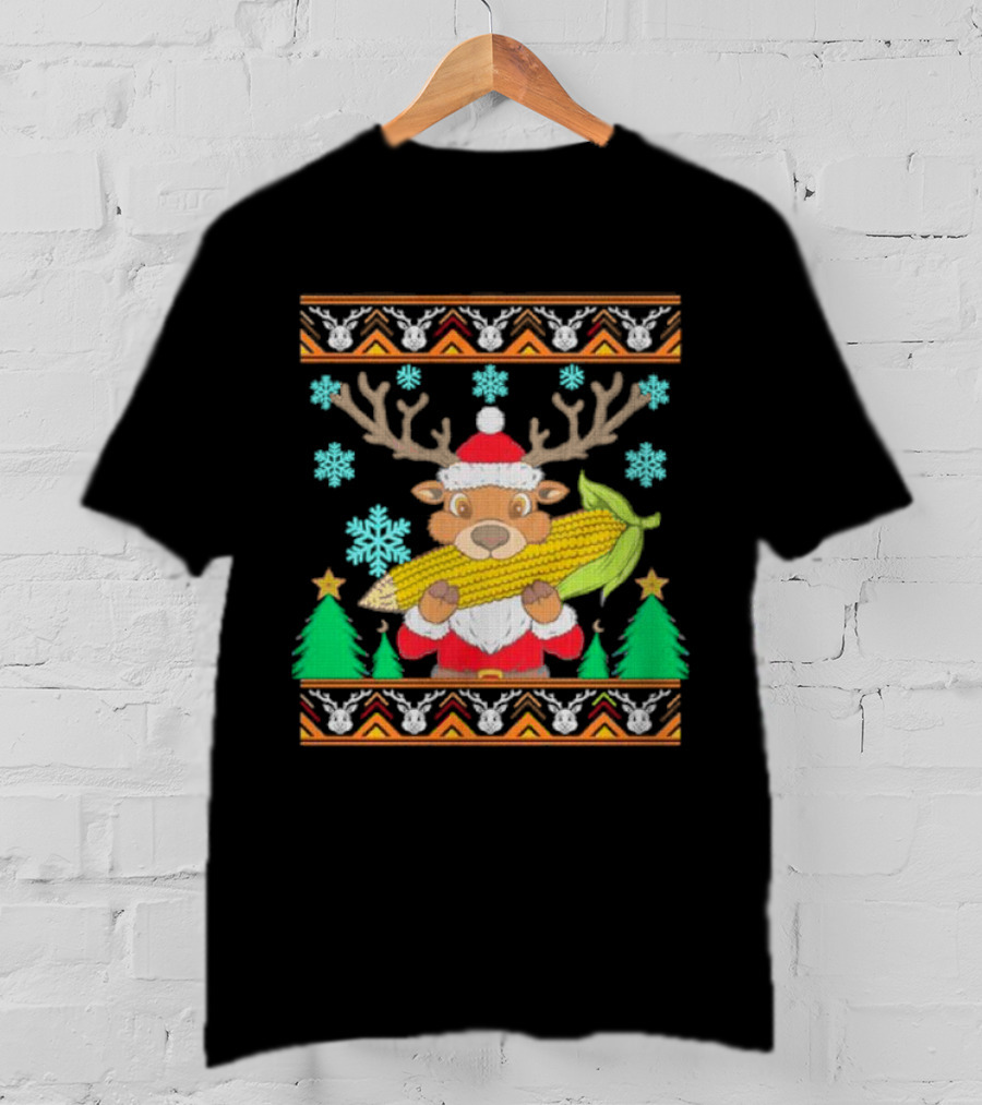 Reindeer Holding Corn With Snowflakes And Trees Christmas T-Shirt
