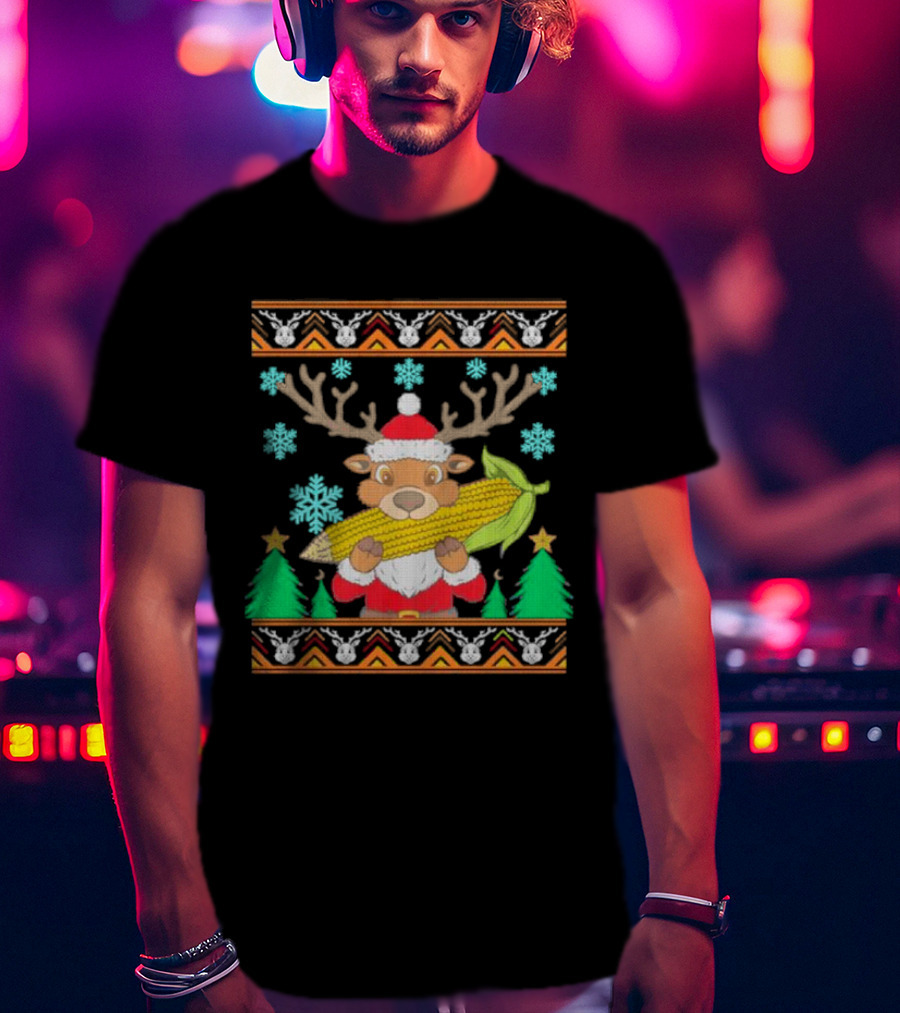 Reindeer Holding Corn With Snowflakes And Trees Christmas T-Shirt