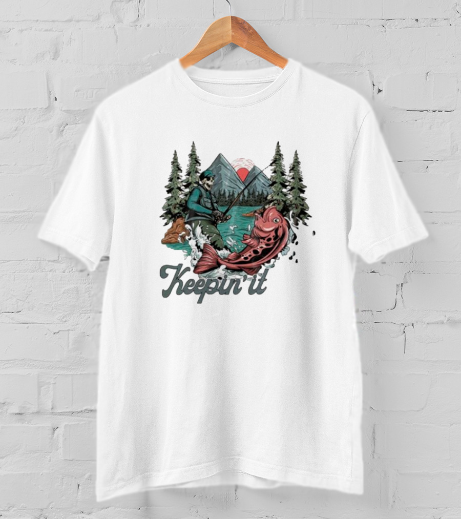 Keepin' It Reel Skeleton Fishing Adventure With Giant Fish And Mountain Lake Scene T-Shirt