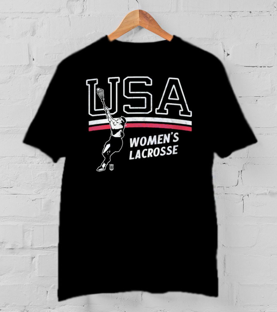 USA Women's Lacrosse Athletic Graphic With Player And Red White Stripes T-Shirt