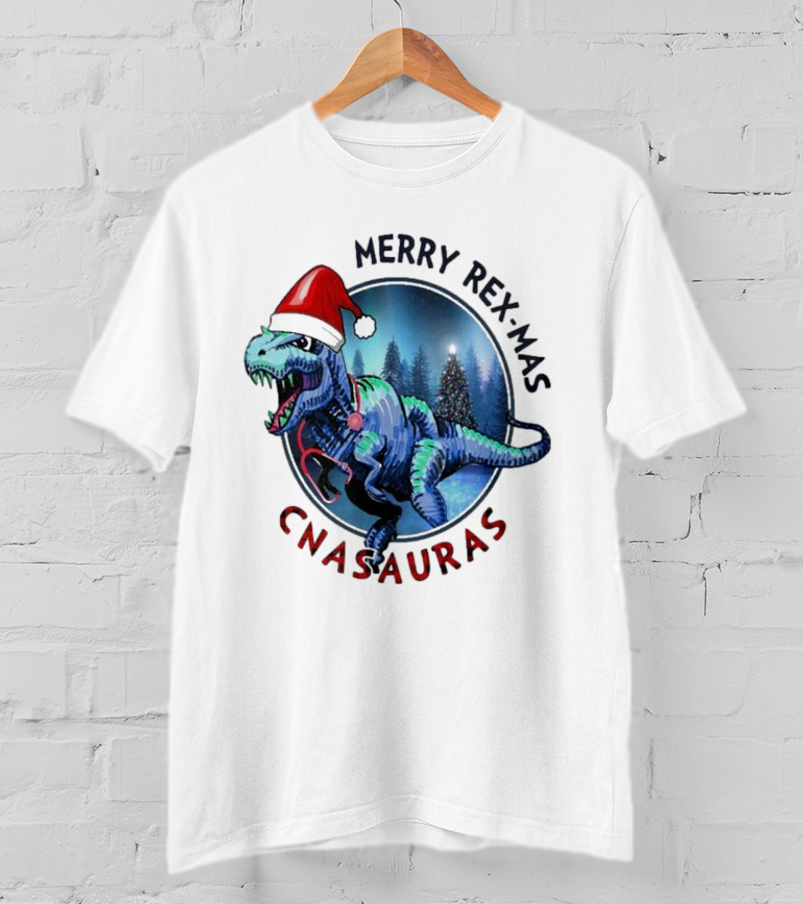Merry Rex-mas CNAauras Santa Hat Dinosaur Christmas Tree Forest T-Shirt