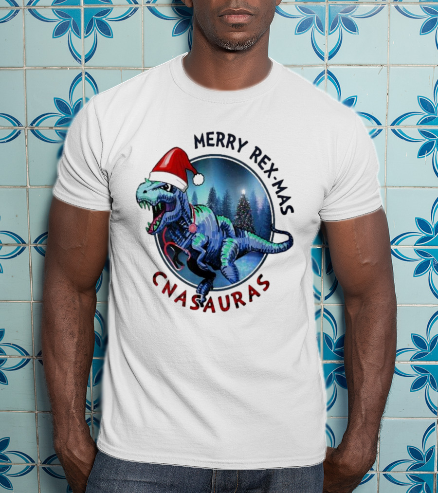 Merry Rex-mas CNAauras Santa Hat Dinosaur Christmas Tree Forest T-Shirt
