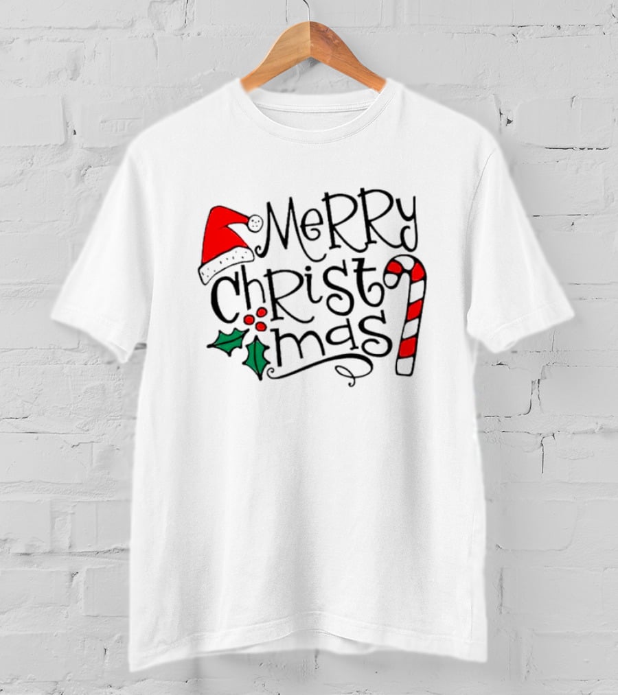 Merry Christmas Santa Hat And Candy Cane T-Shirt