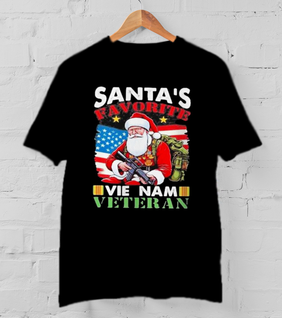 Santa's Favorite Vietnam Veteran With American Flag And Santa Claus Holding Military Gear T-Shirt