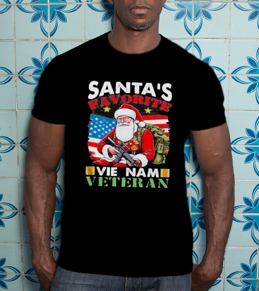 Santa's Favorite Vietnam Veteran With American Flag And Santa Claus Holding Military Gear T-Shirt
