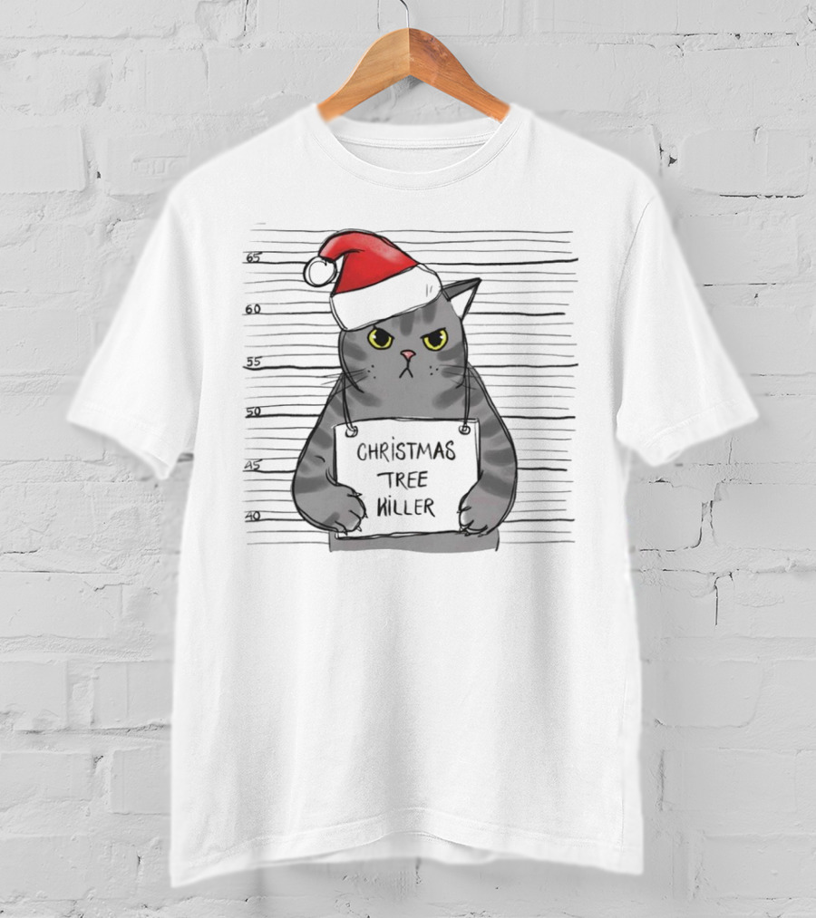 Grumpy Festive Cat With Santa Hat And Mischievous Look T-Shirt