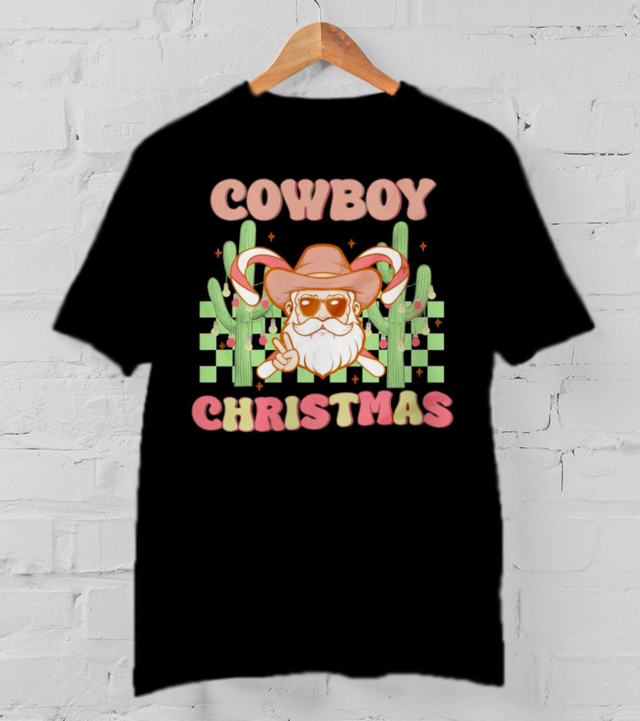 Cowboy Christmas Santa With Candy Cane And Cactus T-Shirt