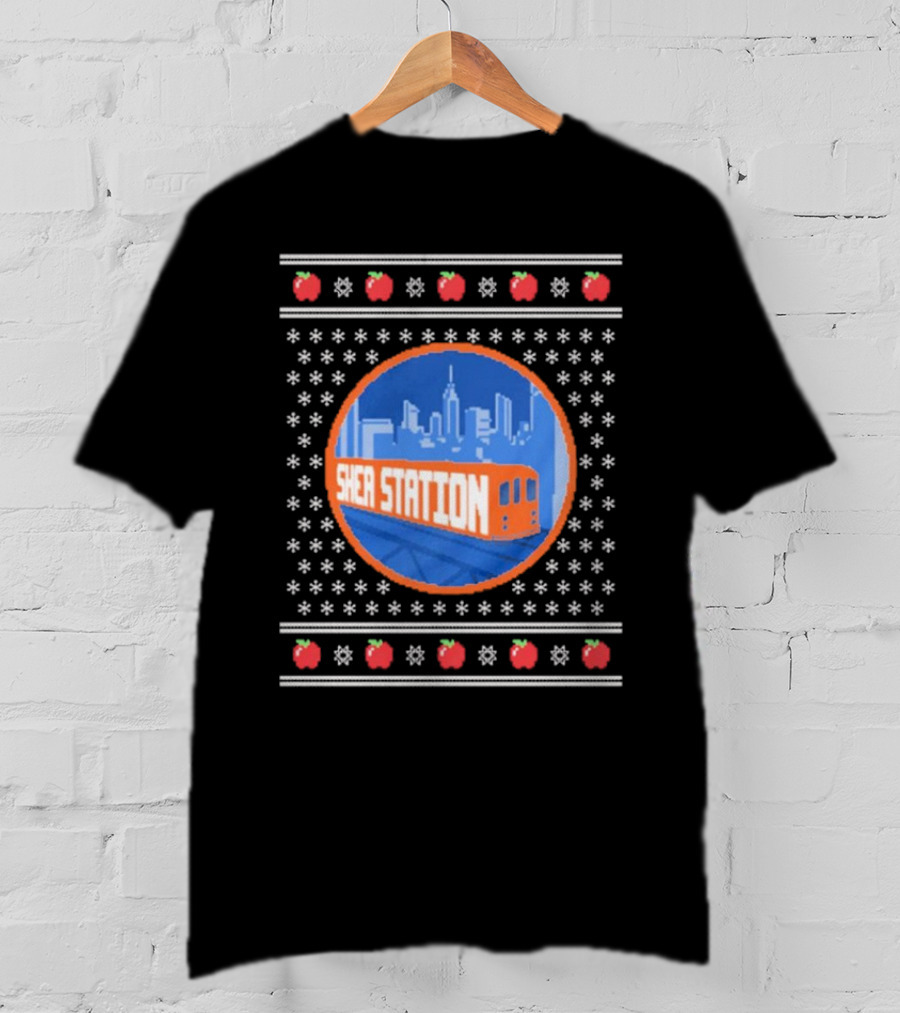 Shea Station New York Skyline Subway Snowflakes Apples T-Shirt