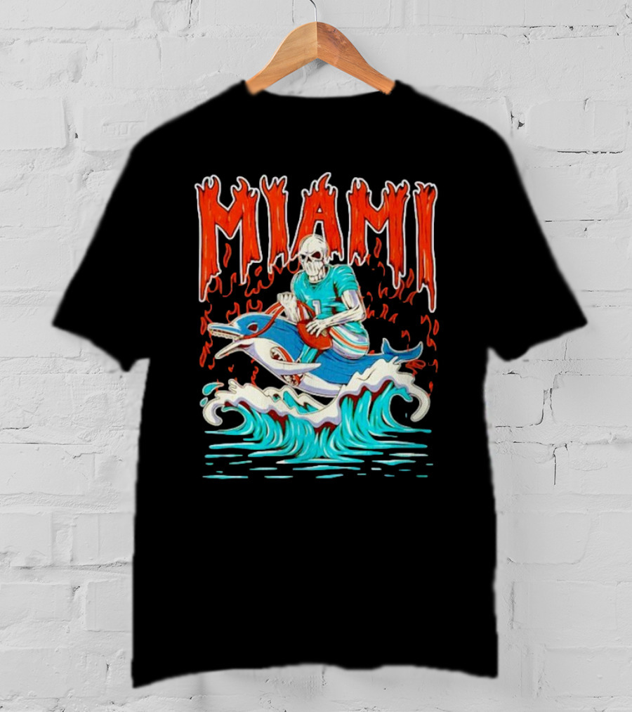 MIAMI Skeleton Riding Dolphin With Football And Flames T-Shirt