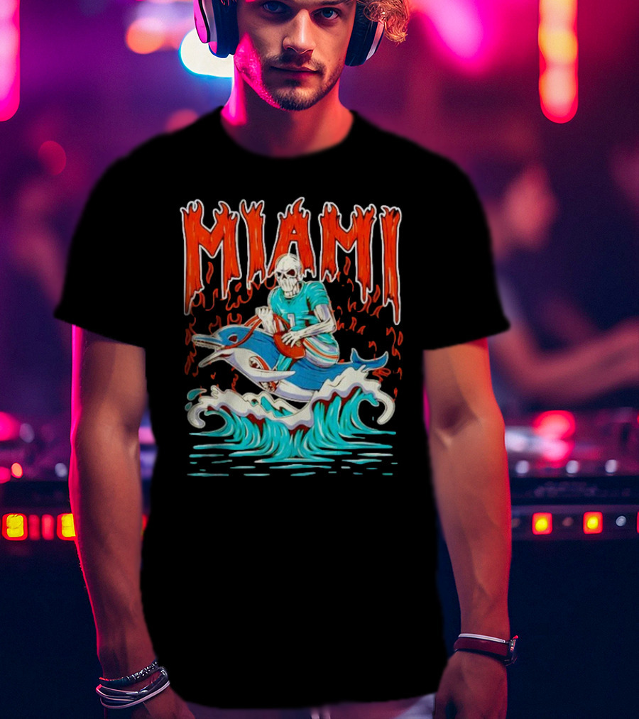 MIAMI Skeleton Riding Dolphin With Football And Flames T-Shirt