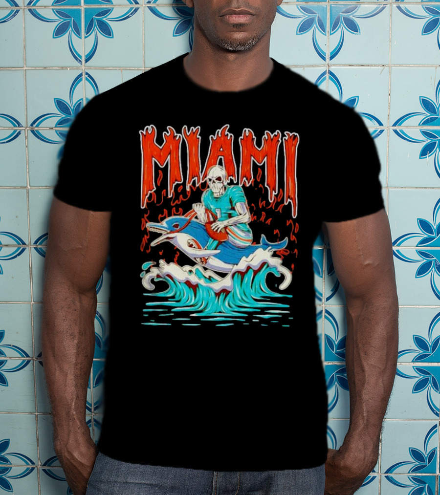 MIAMI Skeleton Riding Dolphin With Football And Flames T-Shirt