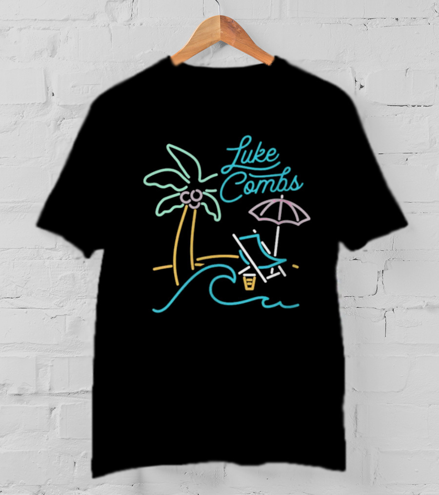 Luke Combs Neon Palm Tree Beach Scene With Umbrella And Chair T-Shirt