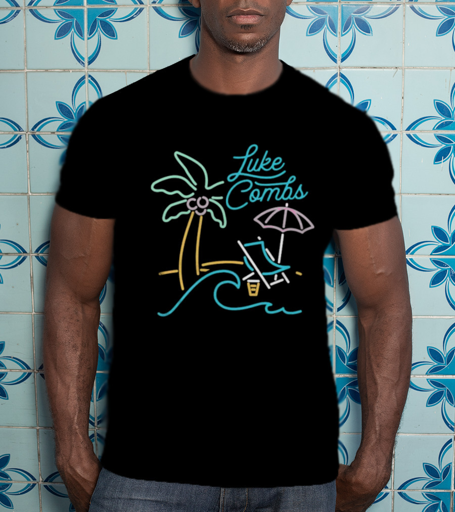 Luke Combs Neon Palm Tree Beach Scene With Umbrella And Chair T-Shirt