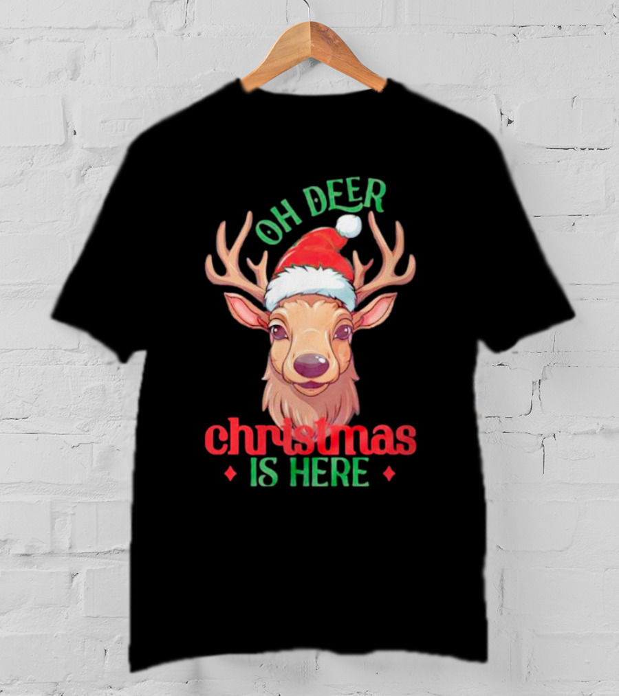 Oh Deer Christmas Is Here Festive Reindeer Santa Hat T-Shirt