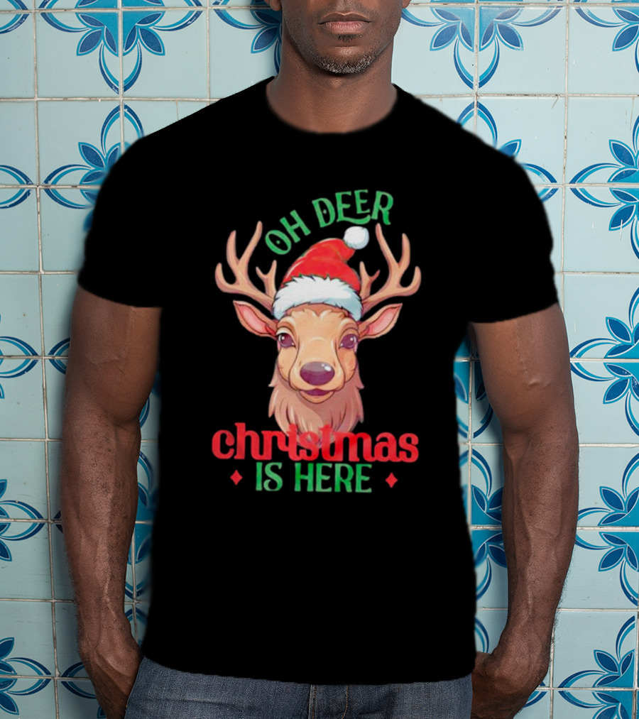 Oh Deer Christmas Is Here Festive Reindeer Santa Hat T-Shirt