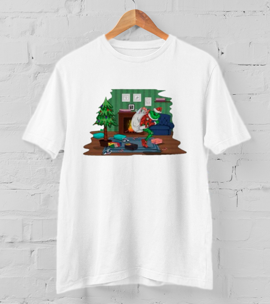 Grinch In Santa Outfit Stealing Presents By The Christmas Tree T-Shirt