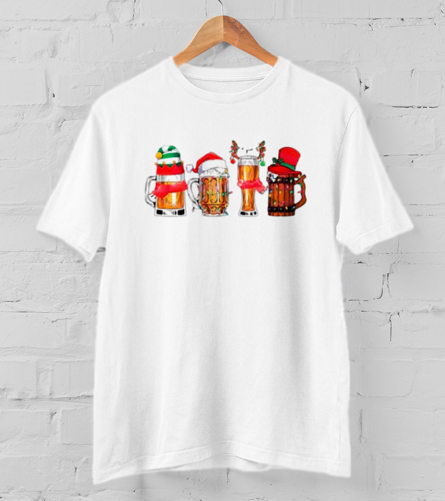 Christmas Beer Mugs Santa Hat And Holiday Decorations T-Shirt
