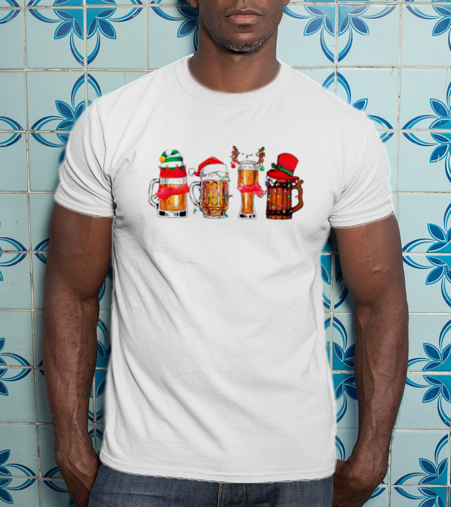 Christmas Beer Mugs Santa Hat And Holiday Decorations T-Shirt